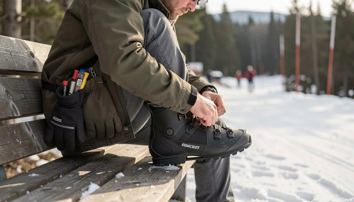 A skier at a trailside bench tightening a boot with gloves hanging from a jacket pocket.