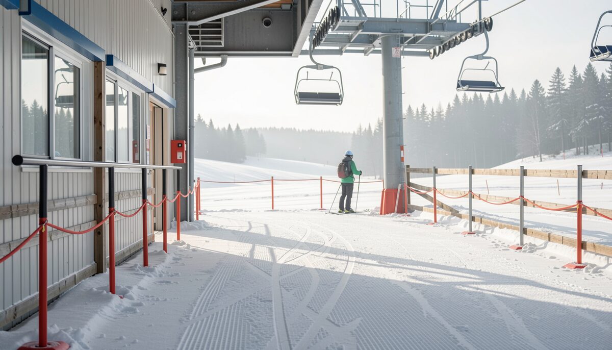 An empty lift corral at opening time, padded maze bars and rope lines on groomed corduroy snow, a chairlift turning overhead in cold morning light, two skiers waiting at the gate No lettering, no numbers, no screen, no signboard on any surface.