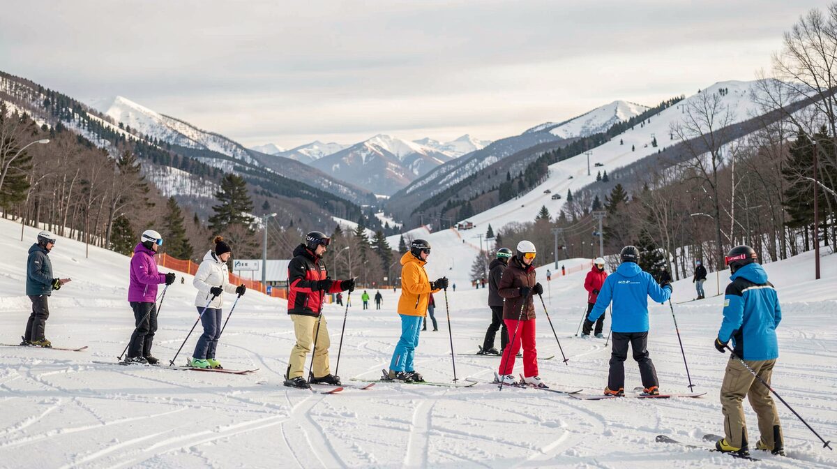 A ski club group on a snowy summit in the Northeast, skiers in bright shells gathered before the descent, pale winter sky.