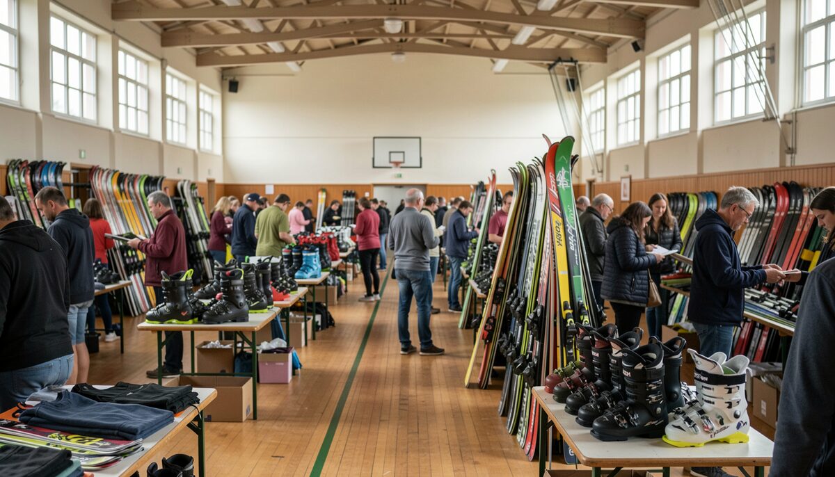 A crowded indoor gymnasium hall with tables of used skis and boots while shoppers sort through racks.