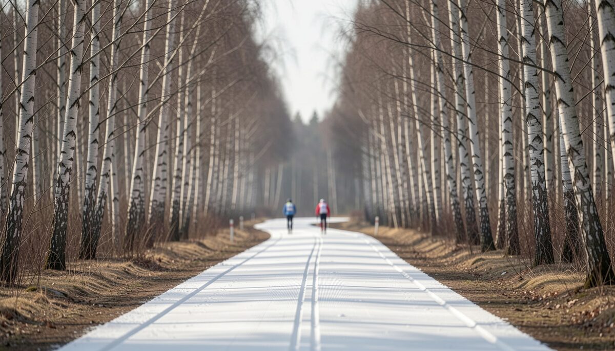 A narrow groomed cross-country track curving through bare birches with two skiers moving away in the distance.