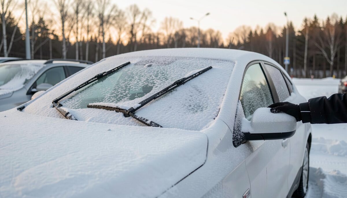A car parked at dawn in a ski area lot after a heavy snowfall, wipers lifted off the windshield, a thick fresh layer on roof and hood, a gloved hand brushing snow off the side mirror, a lodge blurred behind No lettering, no numbers, no screen, no signboard on any surface.