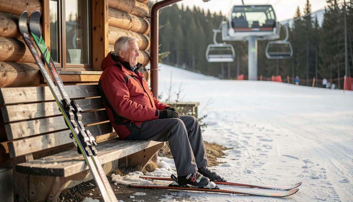 An older skier resting on a bench at a midweek lodge with skis propped nearby and an empty lift in the background.