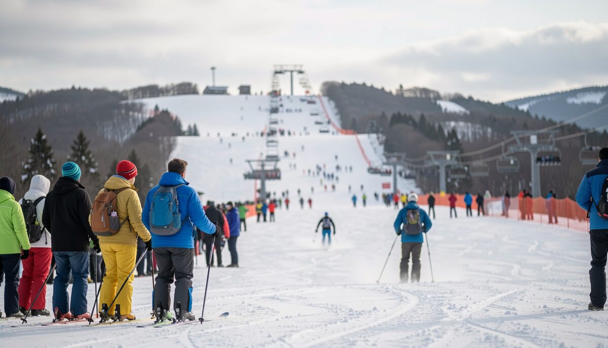 Two skiers waiting at the top of a crowded run while a third passes below them at a distance.