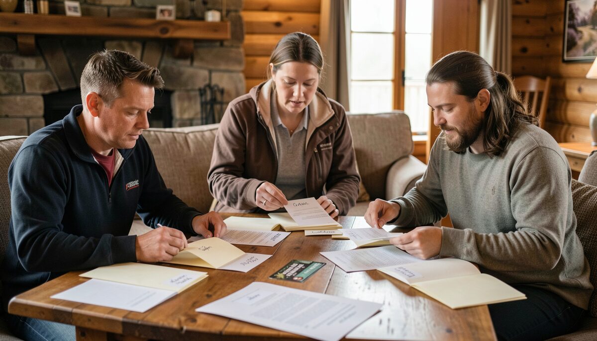 Three adults in a club lodge common room sorting paperwork and lift tickets into labelled envelopes.