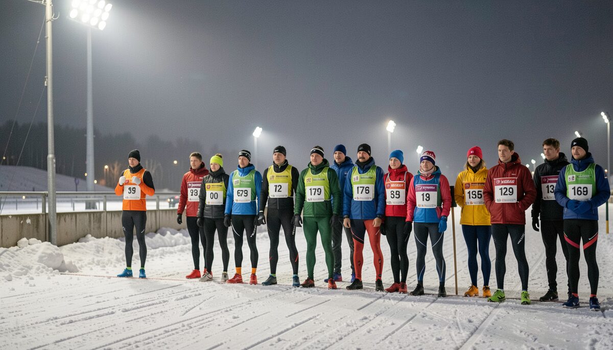Racers lined up in a starting gate at night under floodlights with numbered bibs and packed snow.